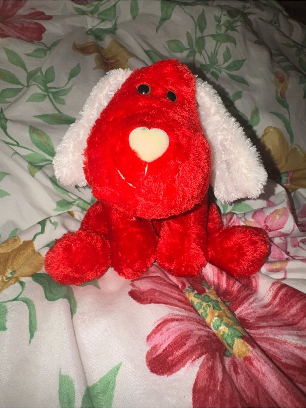 Plush Red Puppy Dog Toy with White Ears and Heart Nose